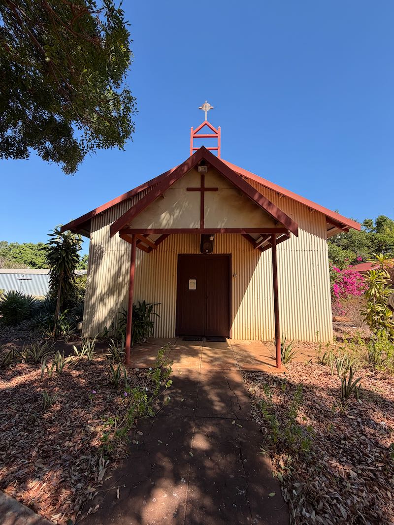 Kalumburu Mission church with a red roof and cross